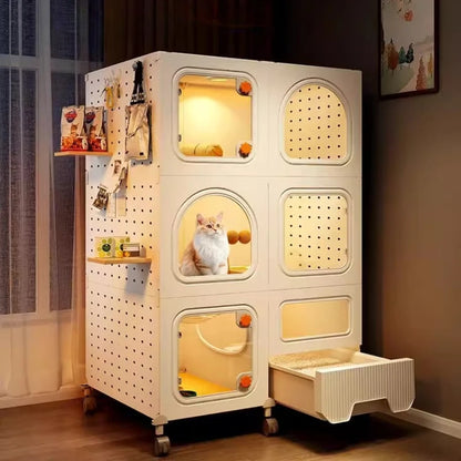 Compact Cat Cage with Toilet All-in-One Indoor Cat House for Small Spaces Space-Saving Kitty Mansion DIY Cave Plate Cats Villa