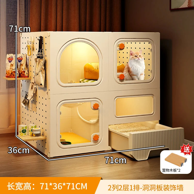 Compact Cat Cage with Toilet All-in-One Indoor Cat House for Small Spaces Space-Saving Kitty Mansion DIY Cave Plate Cats Villa