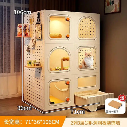 Compact Cat Cage with Toilet All-in-One Indoor Cat House for Small Spaces Space-Saving Kitty Mansion DIY Cave Plate Cats Villa