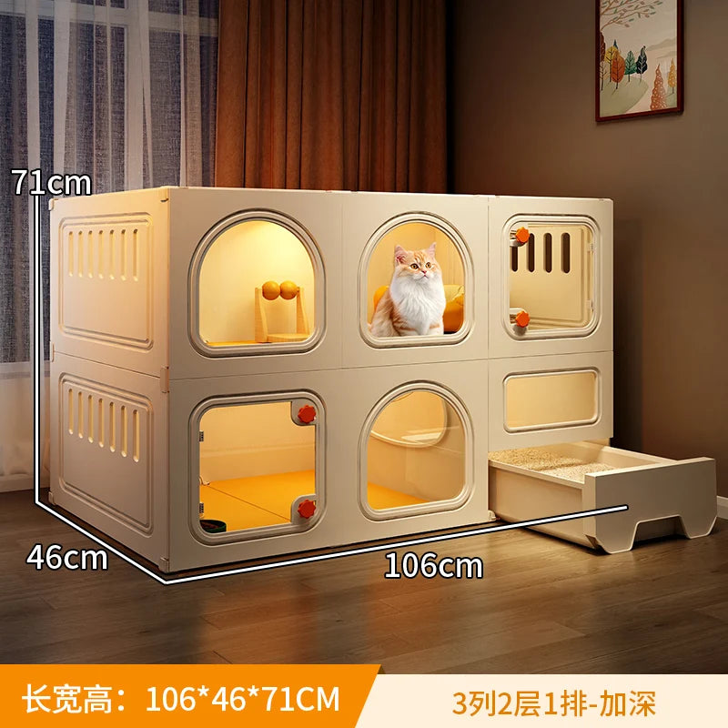 Compact Cat Cage with Toilet All-in-One Indoor Cat House for Small Spaces Space-Saving Kitty Mansion DIY Cave Plate Cats Villa