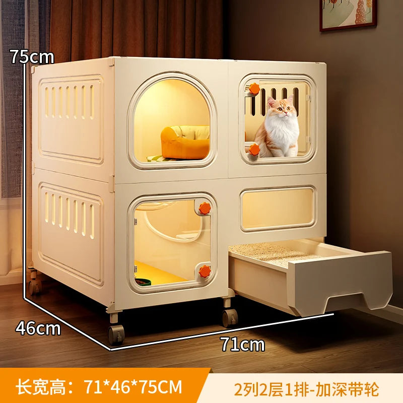 Compact Cat Cage with Toilet All-in-One Indoor Cat House for Small Spaces Space-Saving Kitty Mansion DIY Cave Plate Cats Villa